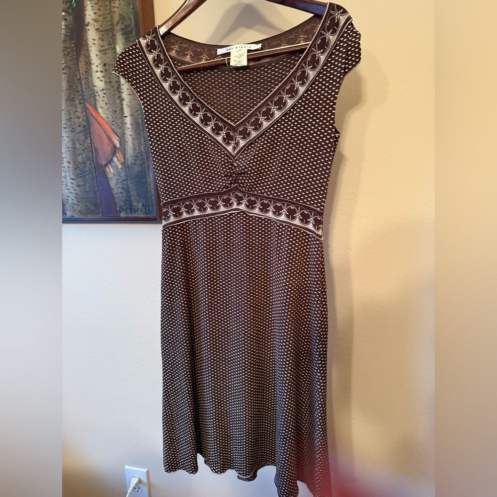 Max Studios Brown &cream Polka Dot Dress V Neck Empire Waist Sleeveless Small